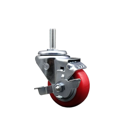 Service Caster 3 Inch Red Polyurethane Wheel Swivel 58 Inch Threaded Stem Caster with Brake SCC SCC-TS20S314-PPUB-RED-TLB-58212